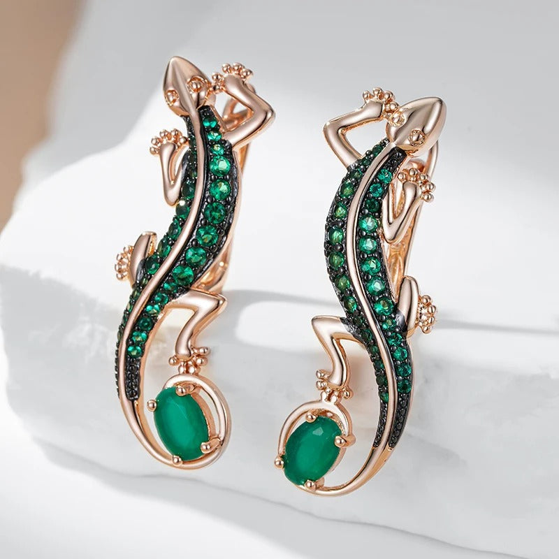 18K Rose Gold Plated Green Natural Zircon Lizard Drop Earrings