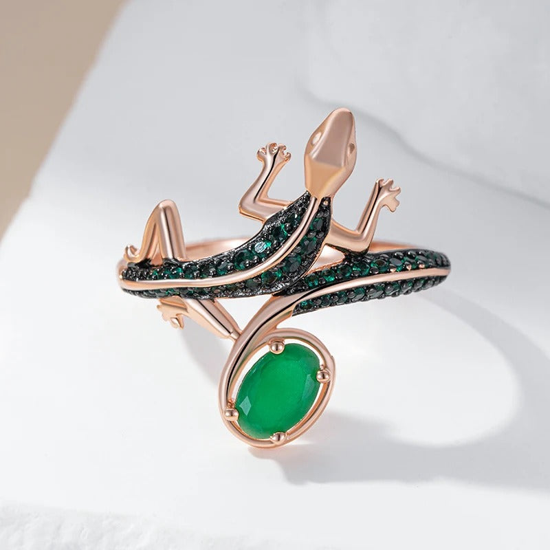 18K Rose Gold Plated Green Natural Zircon Lizard Ring