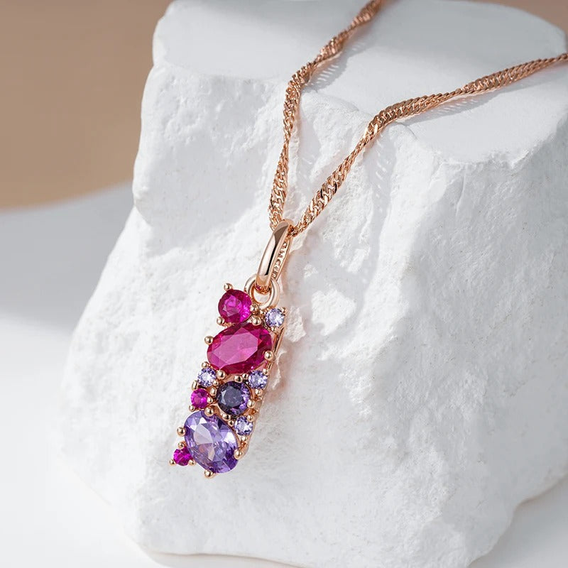 Necklace with natural zirconia pendant Ruby and Amethyst in 18K Rose Gold Plated