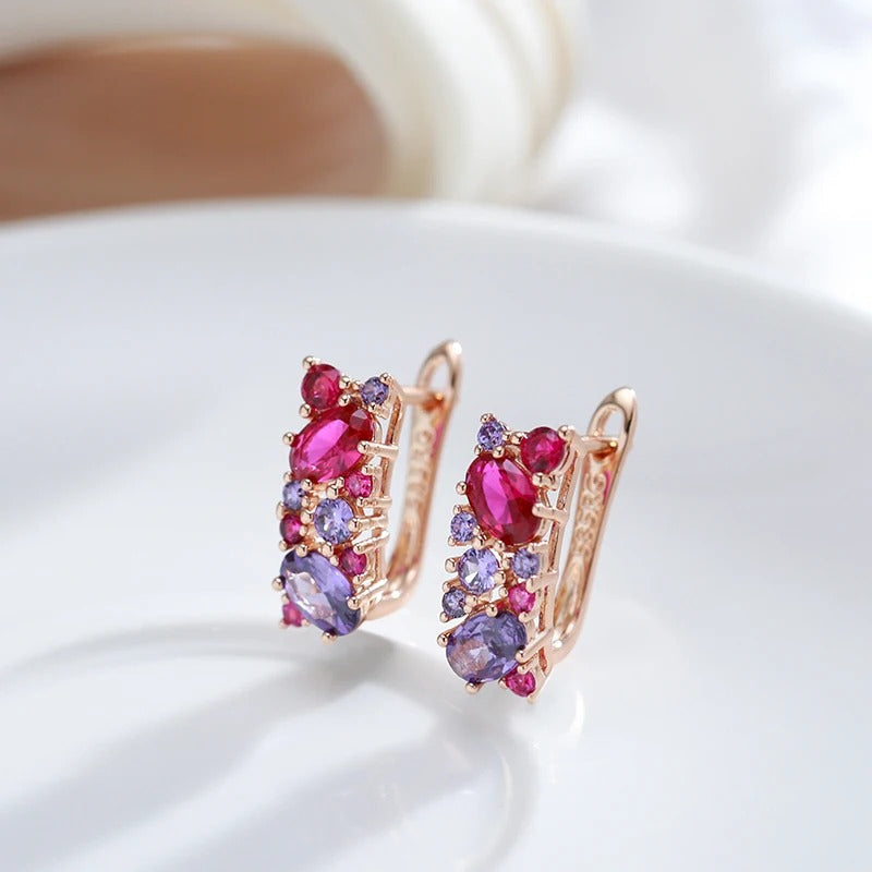 Vintage earrings with natural purple, red and pink cubic zirconia plated in 18K pink gold - AC