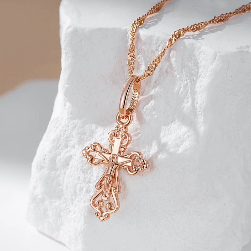 Necklace with elegant cross pendant in 18K Rose Gold Plating