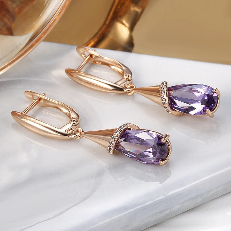 Long drop-shaped hoop earrings with silver and amethyst zircon with 18K rose gold plating