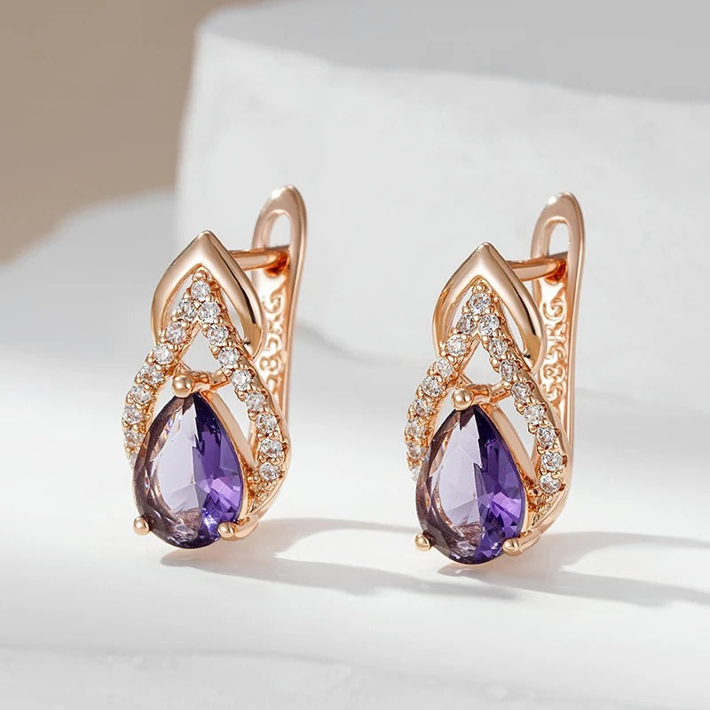 18K Rose Gold Plating Sparkling Purple Water Drop Natural Zircon Earrings