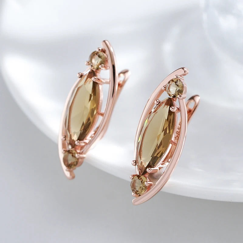 Light Brown Crystal Long Earrings in 18K Rose Gold Plated