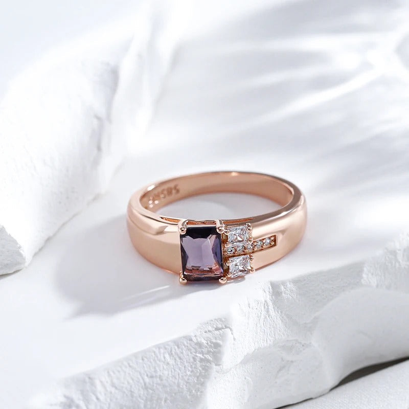 18K Rose Gold Plated Square purple natural zircon ring with 2 white zirconias