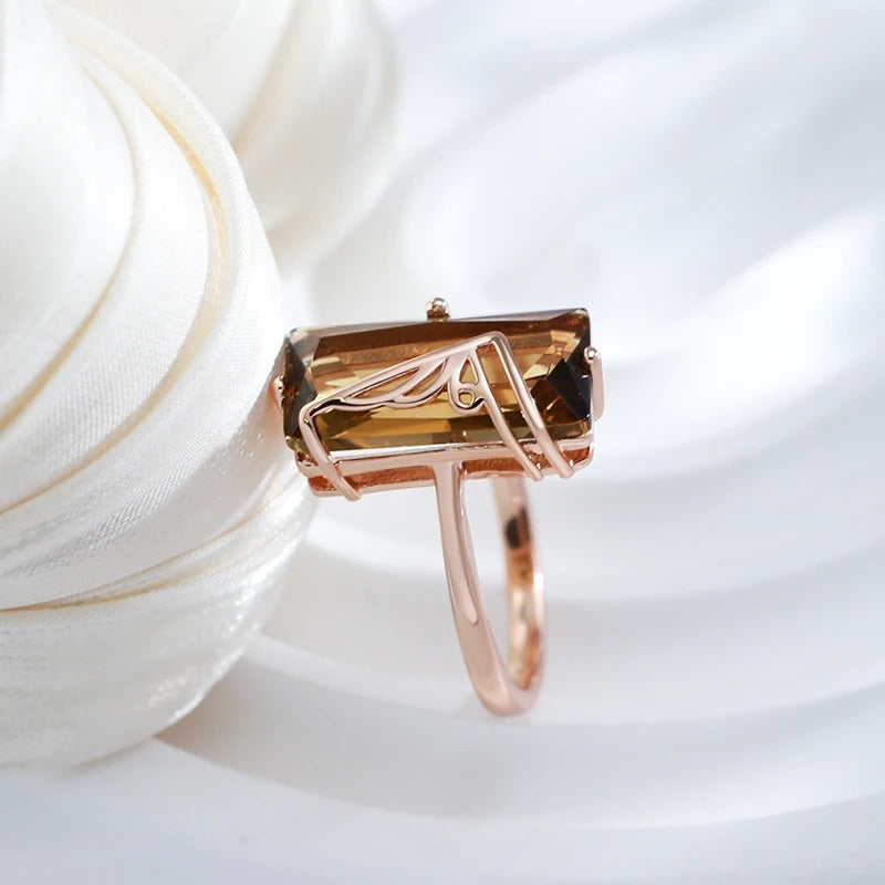 18K Rose Gold Plated Light Brown Natural Zircon Big Ring