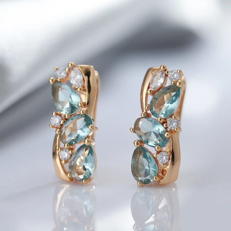 Long earrings plated 18k pink gold with aquamarine and white cubic zirconia - AC