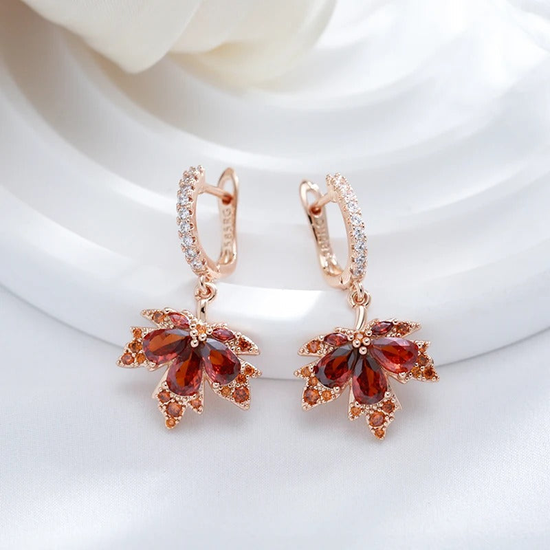 18K Rose Gold Plated Shiny Red Natural Zircon Maple Leaf Earrings