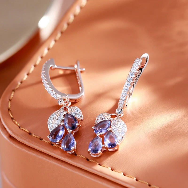 18K Rose Gold Plated Luxury Full Zircon Purple Pendant Earrings