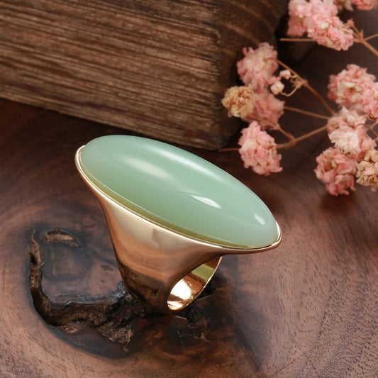 Green Jade Stone Ring in 18K Rose Gold Plated