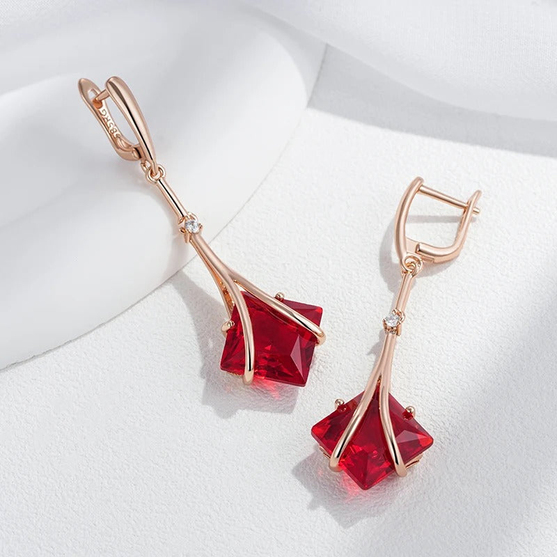 Long square earrings plated in 18 carat pink gold with natural red branch-shaped cubic zirconia - AC