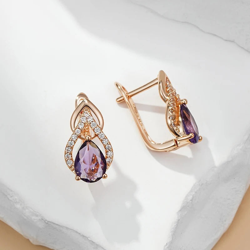 18K Rose Gold Plating Sparkling Purple Water Drop Natural Zircon Earrings