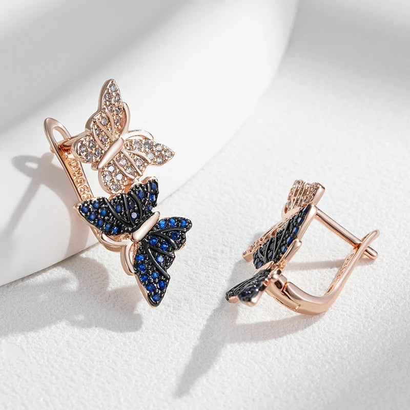 18K Rose Gold Plated Blue Natural Zircon Two Butterfly Drop Earrings