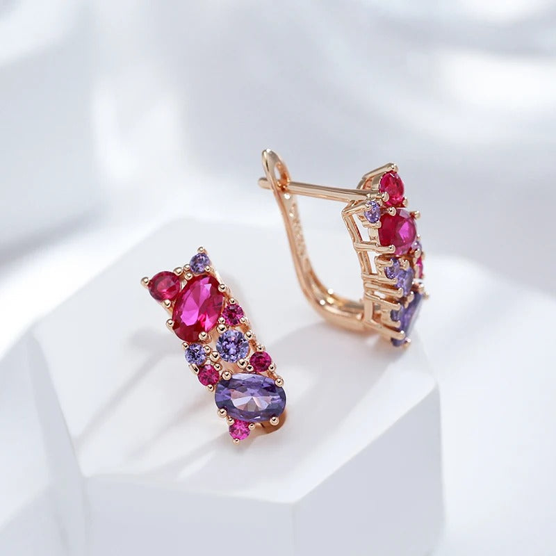 Vintage earrings with natural purple, red and pink cubic zirconia plated in 18K pink gold - AC