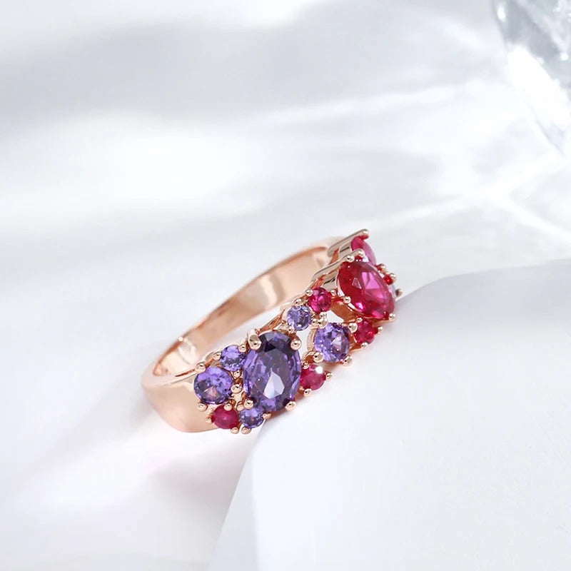 Luxury ruby zirconia and amethyst ring in 18K rose gold plating