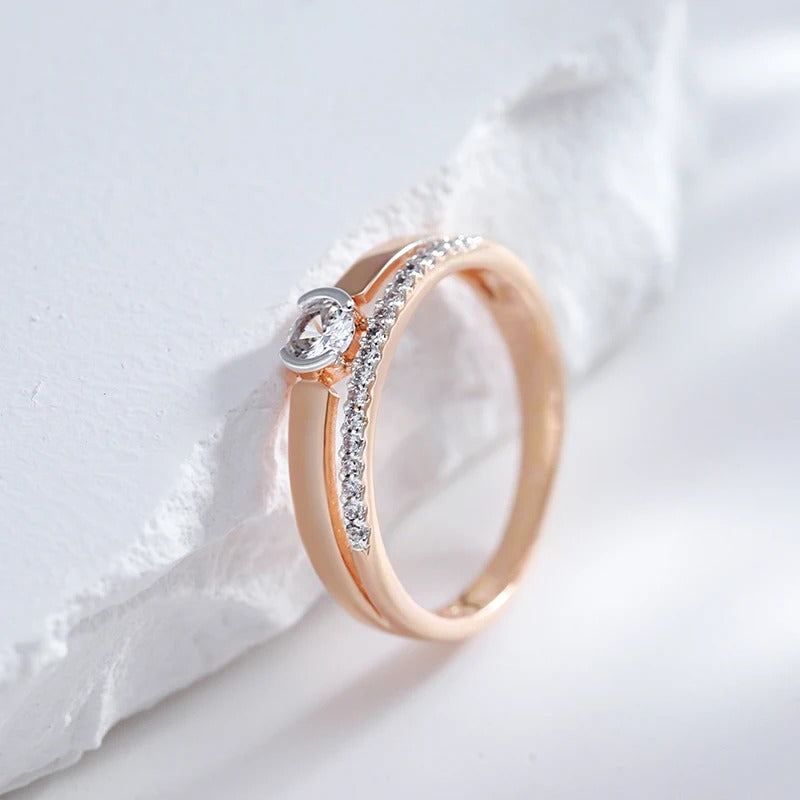 Double ring plated in 18kt pink gold with cubic zirconia - AC