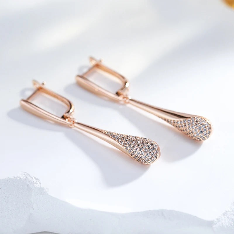 Full Sparkling Natural Zircon Long Dangle Earrings in 18K Rose Gold Plated