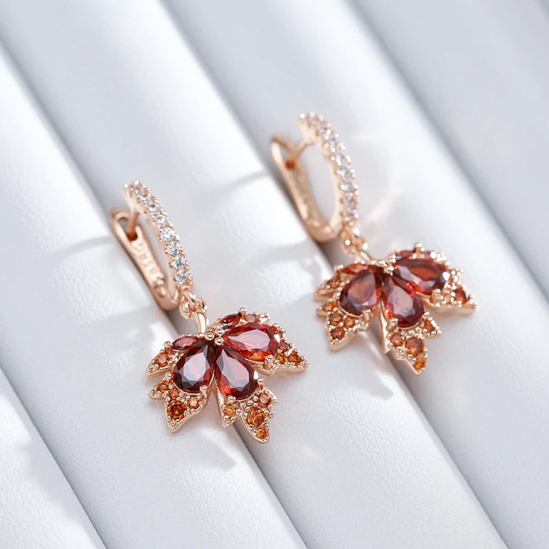 18K Rose Gold Plated Shiny Red Natural Zircon Maple Leaf Earrings