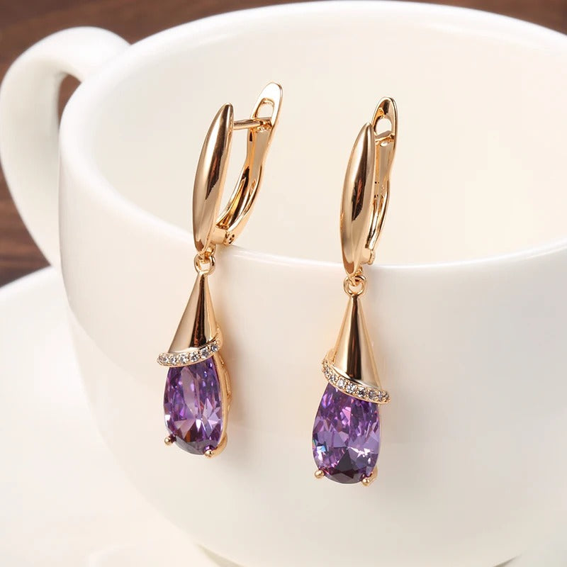 Long drop-shaped hoop earrings with silver and amethyst zircon with 18K rose gold plating