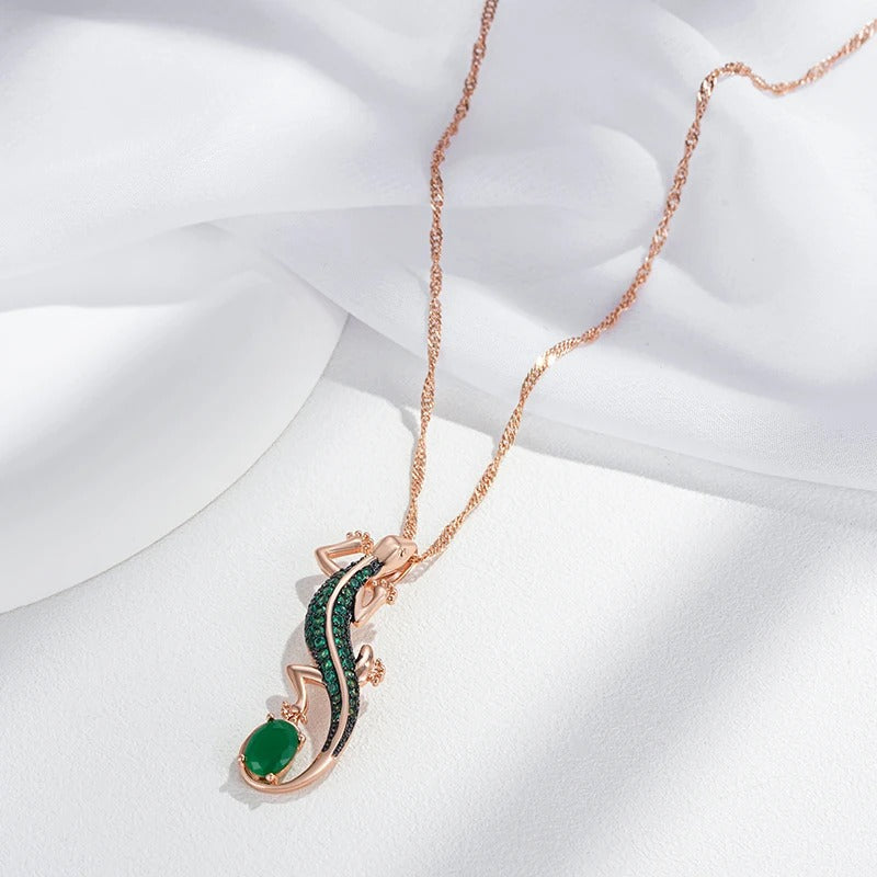 Necklace with lizard pendant in 18K rose gold plated with natural green cubic zirconia - AC