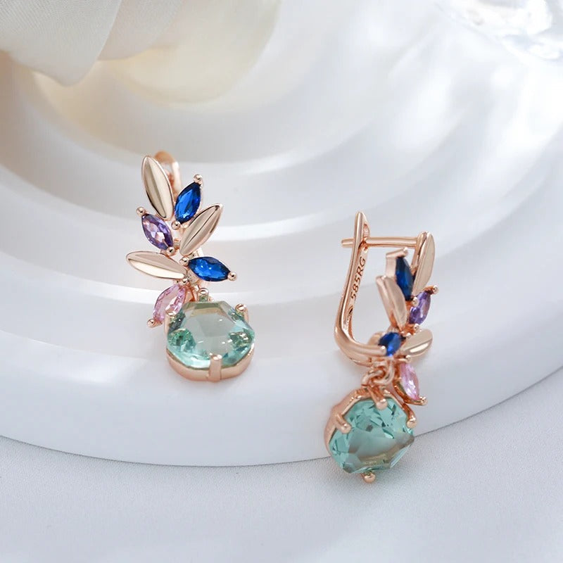 18K Rose Gold Plated Unique Green, Blue, Pink Stone Drop Earrings