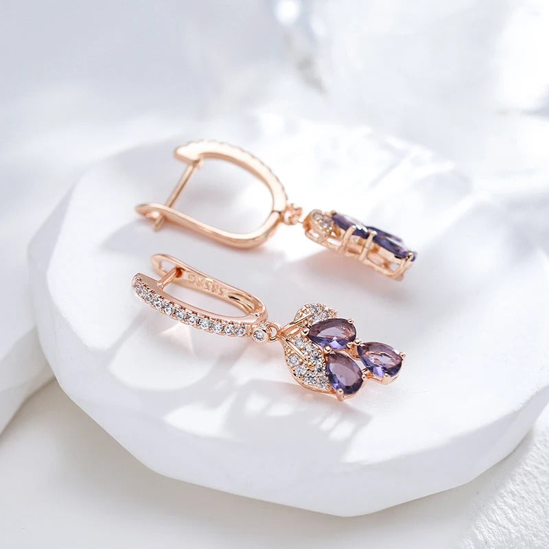 18K Rose Gold Plated Luxury Full Zircon Purple Pendant Earrings