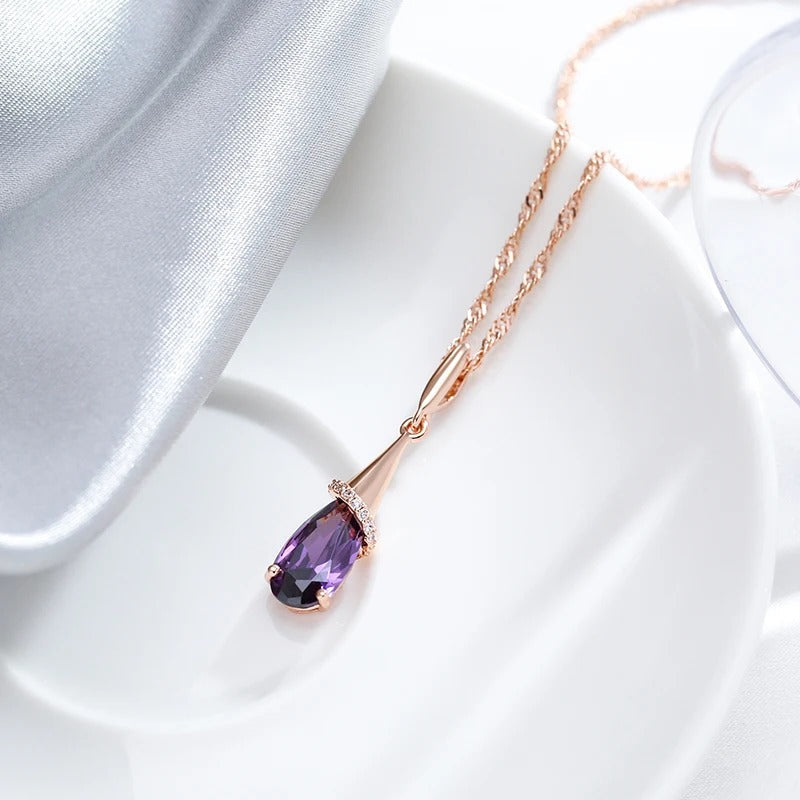 Water drop pendant necklace with amethyst zirconia in 18K rose gold plating