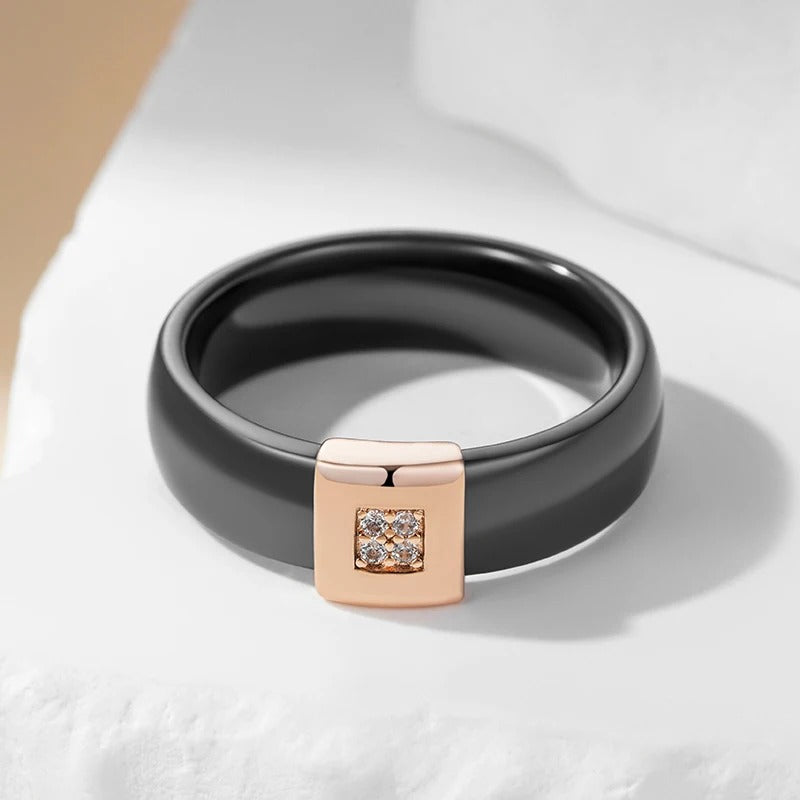 18K Rose Gold Plated Black Ceramics Ring with zirconia