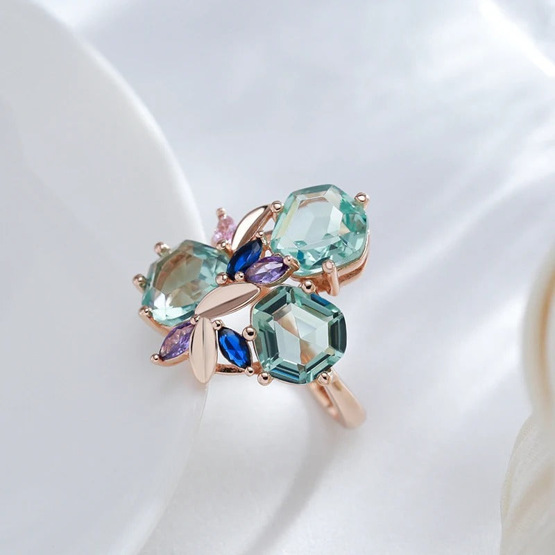 18K Rose Gold Plated in Mosaic Rhombus Natural Zircon Ring