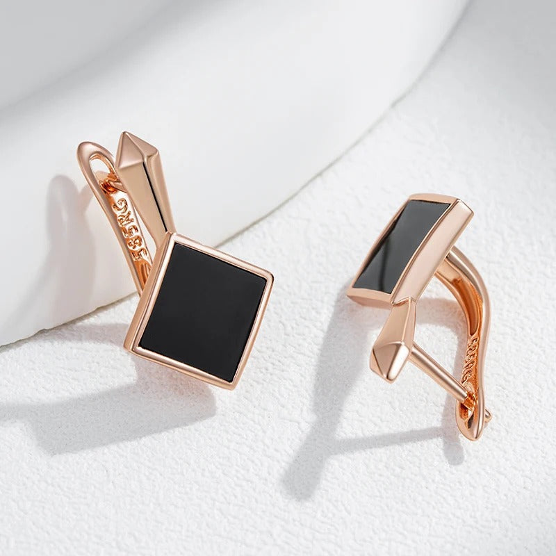 18K Rose Gold Plated Elegant Square Black Stone Dangle Earrings