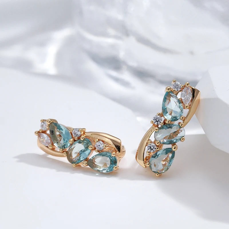 Long earrings plated 18k pink gold with aquamarine and white cubic zirconia - AC