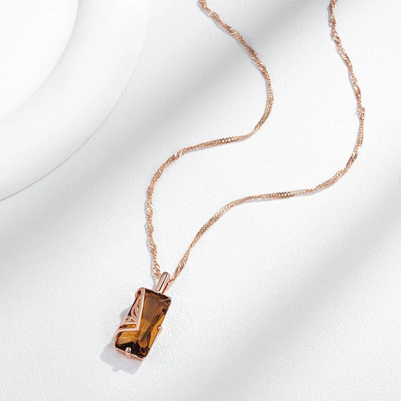 18K Rose Gold Plated Light Brown Natural Zircon Pendant Necklace