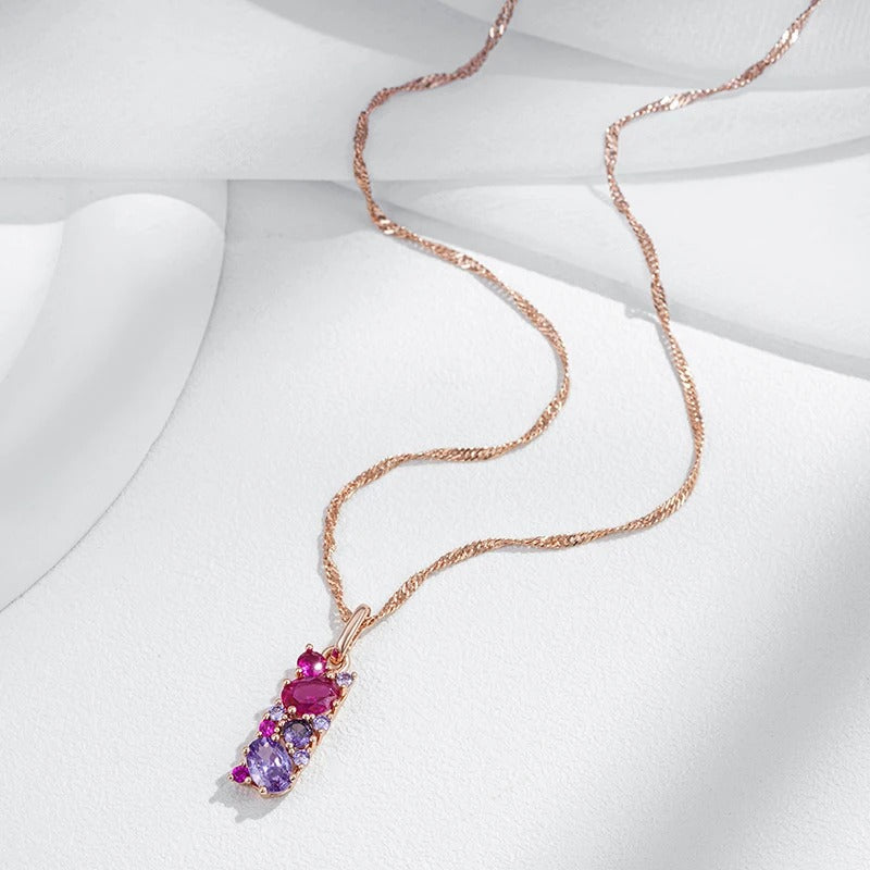 Necklace with amethyst and natural ruby cubic zirconia pendant, 18K rose gold plated - AC