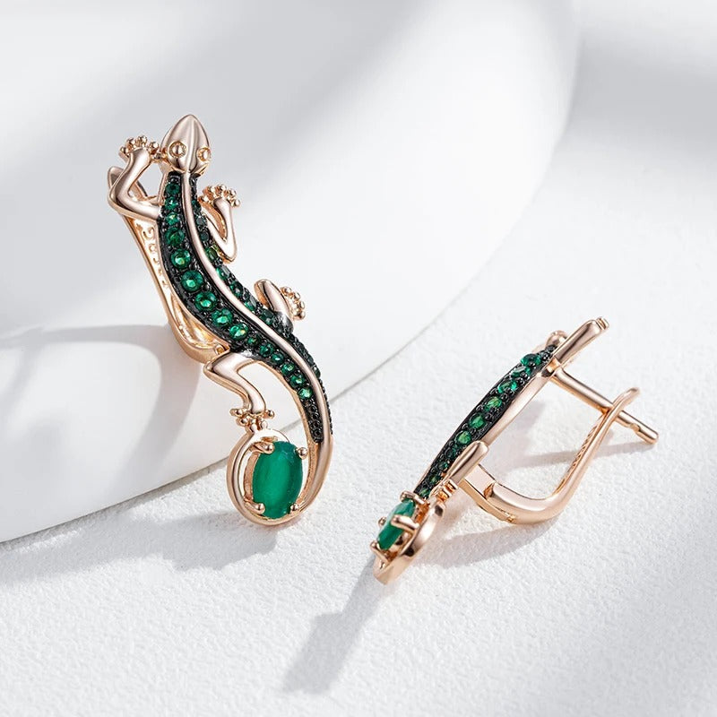 Earrings lizard 18kt rose gold plated with natural green cubic zirconia - AC