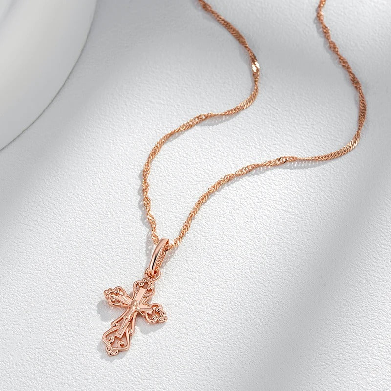 Necklace with elegant cross pendant in 18K Rose Gold Plating