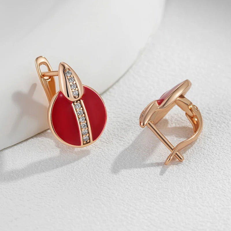 18K Rose Gold Plated red button earrings with white zirconia