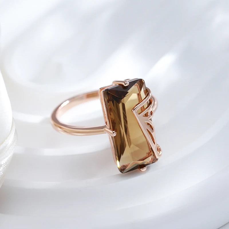 18K Rose Gold Plated Light Brown Natural Zircon Big Ring