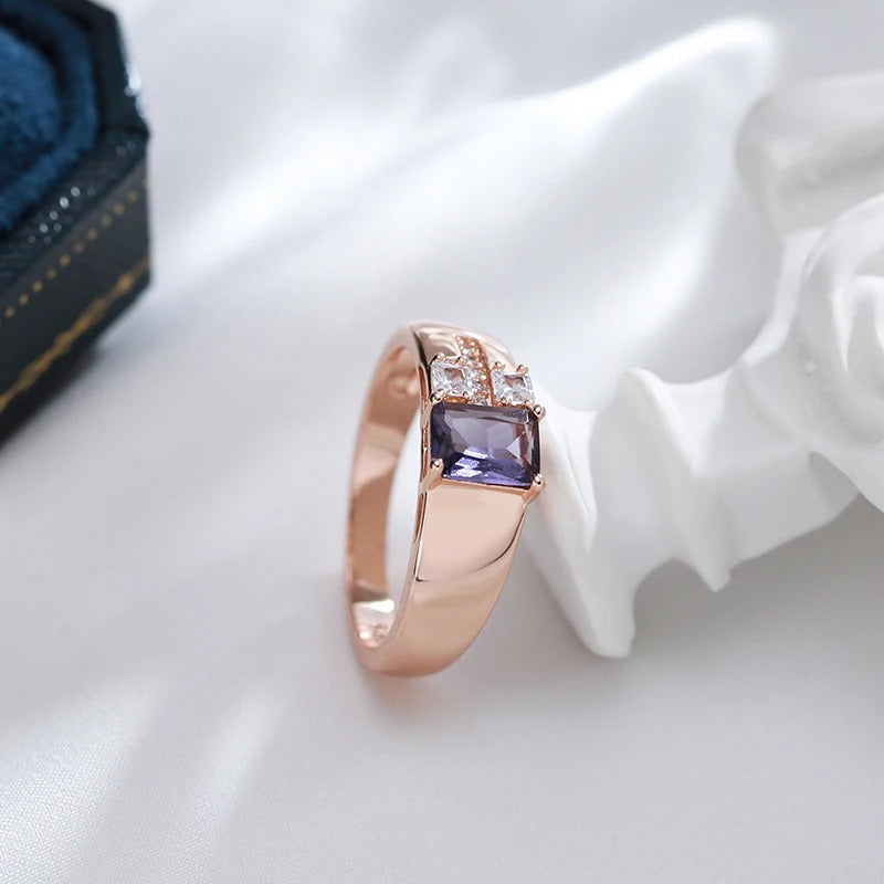 18K Rose Gold Plated Square purple natural zircon ring with 2 white zirconias