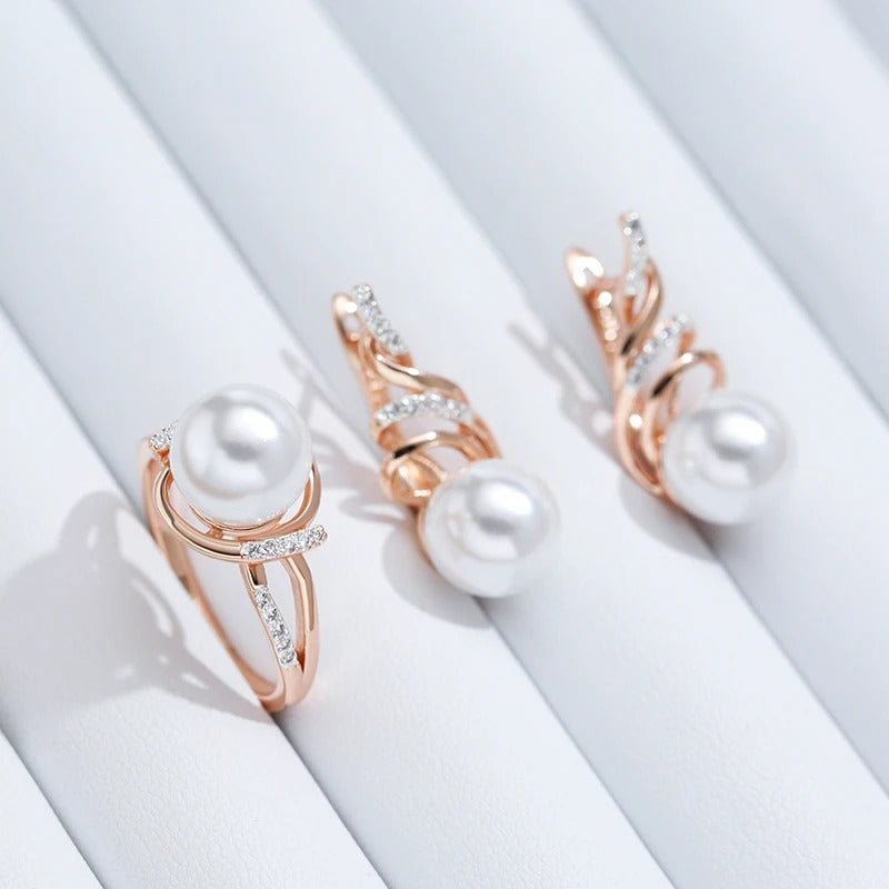 18K Rose Gold Plated Geometry Pearl with Zirconia Ring