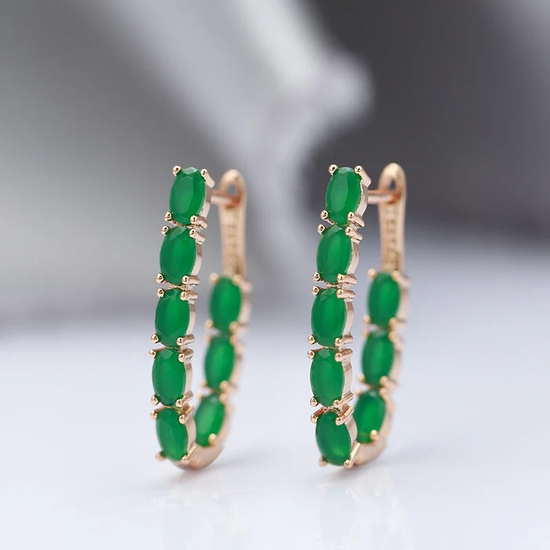 Emerald Oval Cut Zircon Long Drop Earrings in 18K Rose Gold Plating