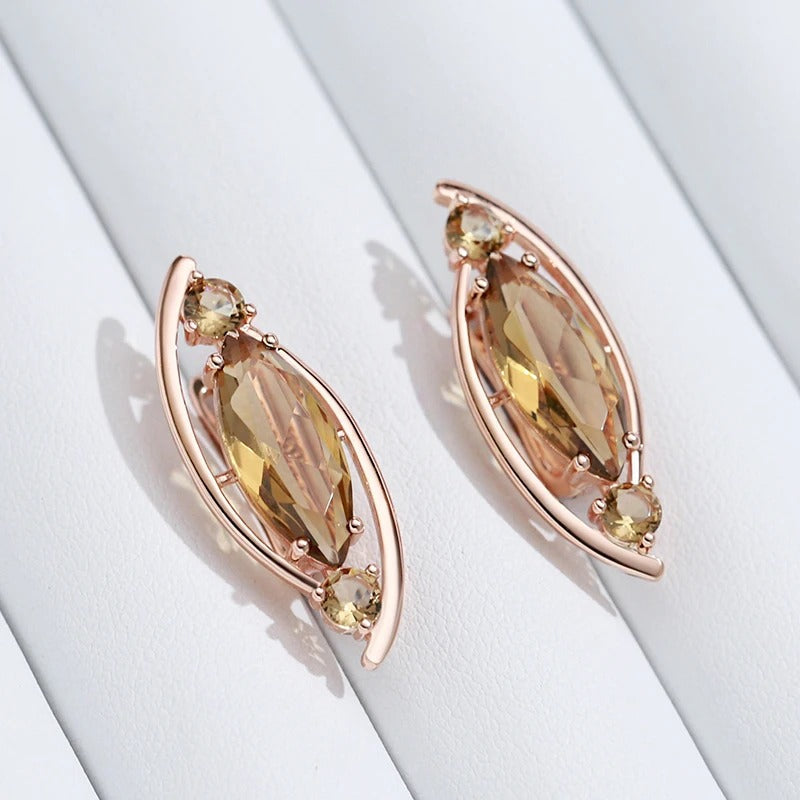 Light Brown Crystal Long Earrings in 18K Rose Gold Plated