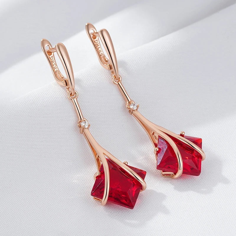 18K Rose Gold Plated Long square natural red zircon earrings in the shape of a branch