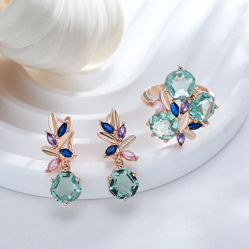 18K Rose Gold Plated Unique Green, Blue, Pink Stone Drop Earrings