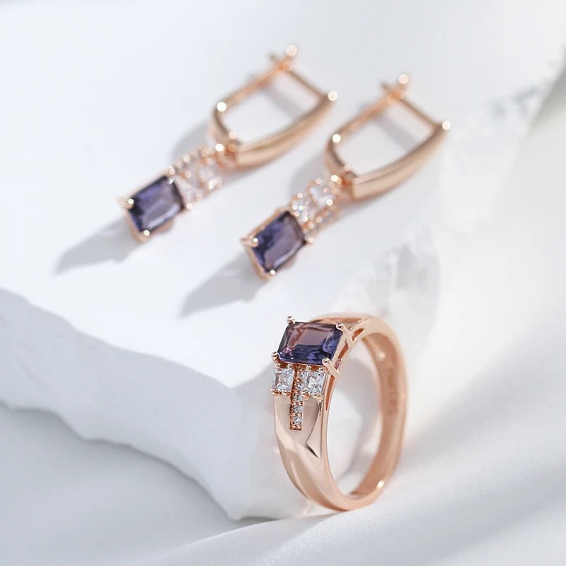 18K Rose Gold Plated Square purple natural zircon ring with 2 white zirconias