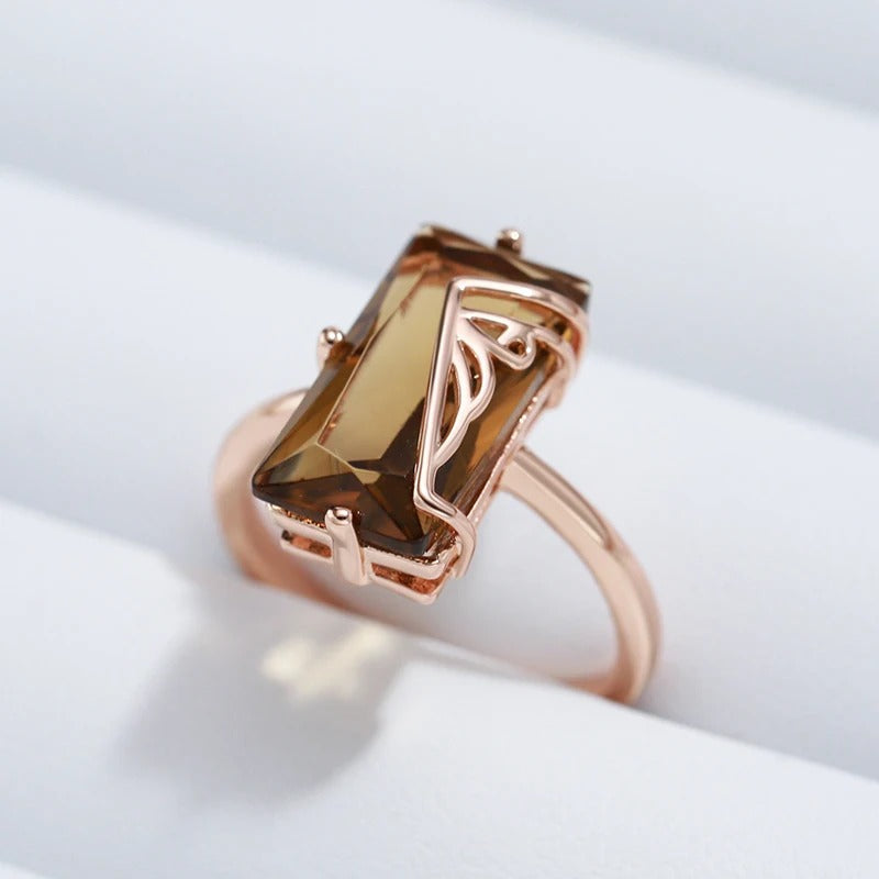 Large 18kt rose gold-plated ring with light brown natural cubic zirconia stones - AC