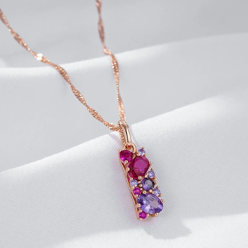 Necklace with amethyst and natural ruby cubic zirconia pendant, 18K rose gold plated - AC