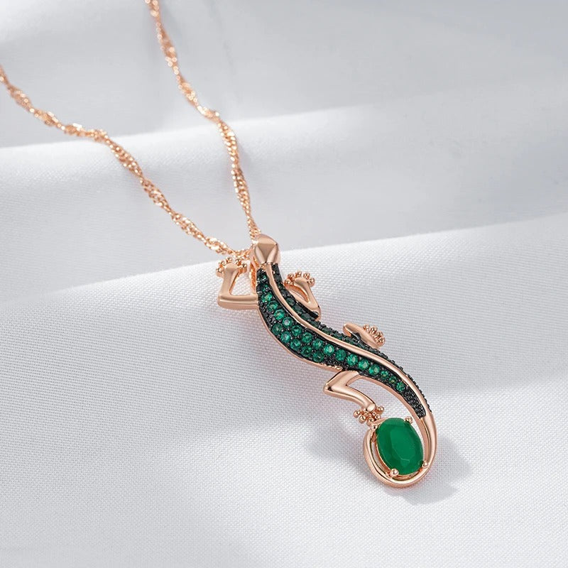 18K Rose Gold Plated Green Natural Zircon Lizard Pendant Necklace