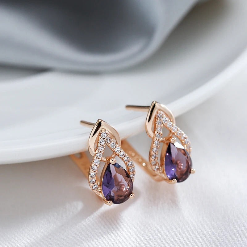 18K Rose Gold Plating Sparkling Purple Water Drop Natural Zircon Earrings