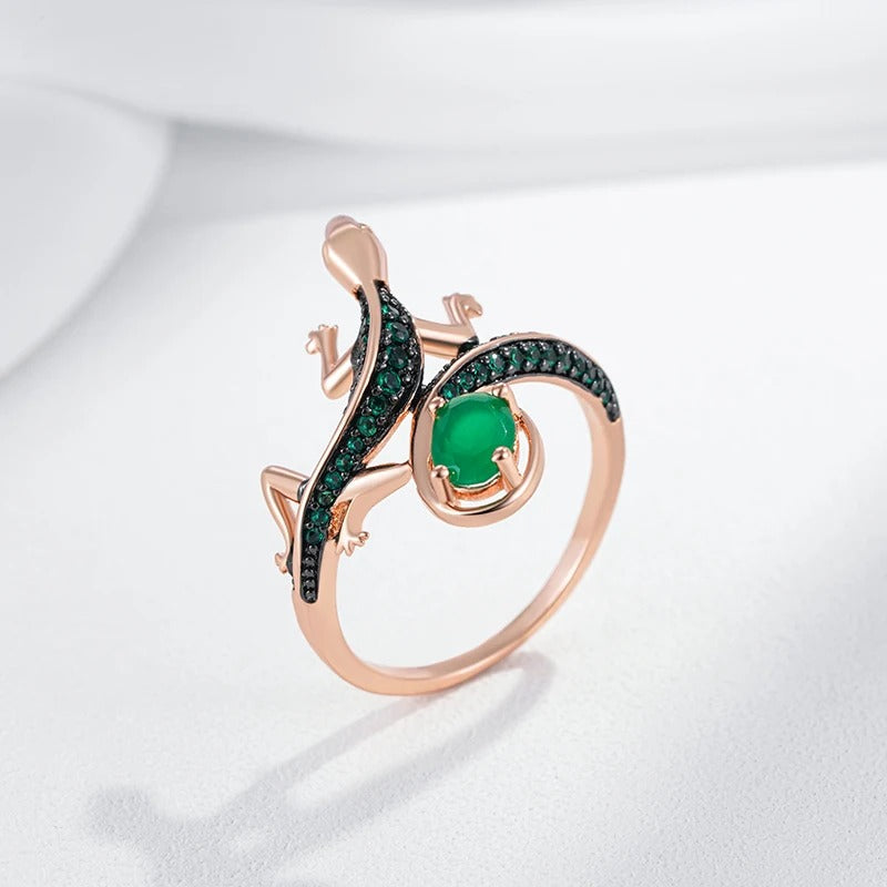 18kt rose gold plated lizard ring with natural green cubic zirconia - AC