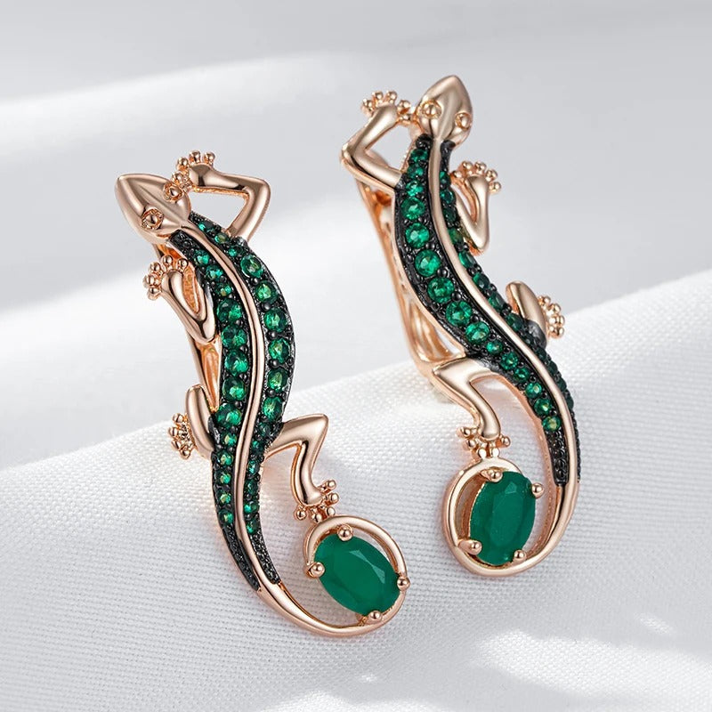 18K Rose Gold Plated Green Natural Zircon Lizard Drop Earrings